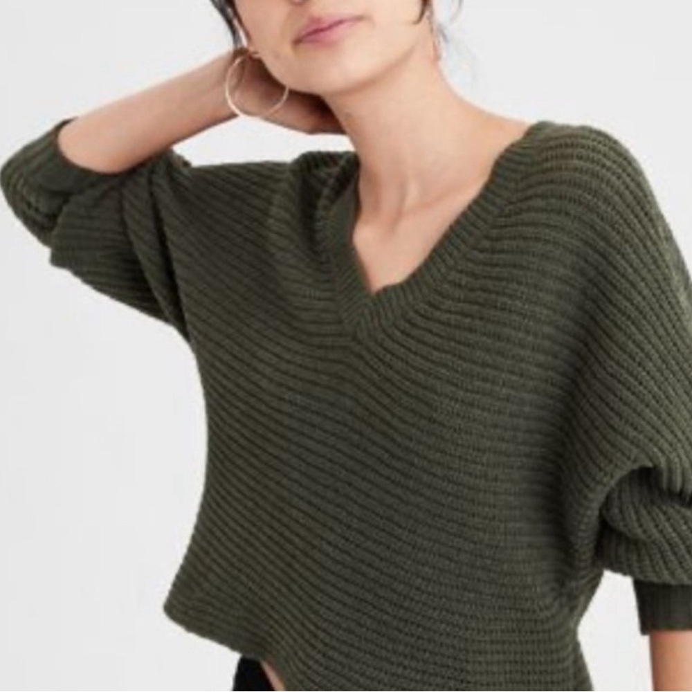 American Eagle Olive Green Cropped Chenille Sweater Size XS